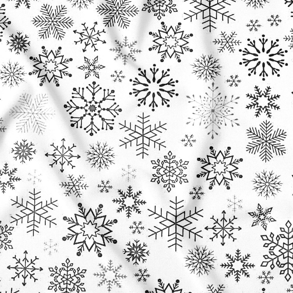 Bomullstyg - Antracitfärgade snöflingor på vit bakgrund