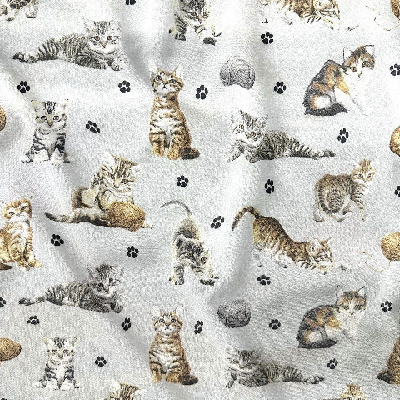 Cotton Fabric - Cats Paws and Yarn on Light Gray