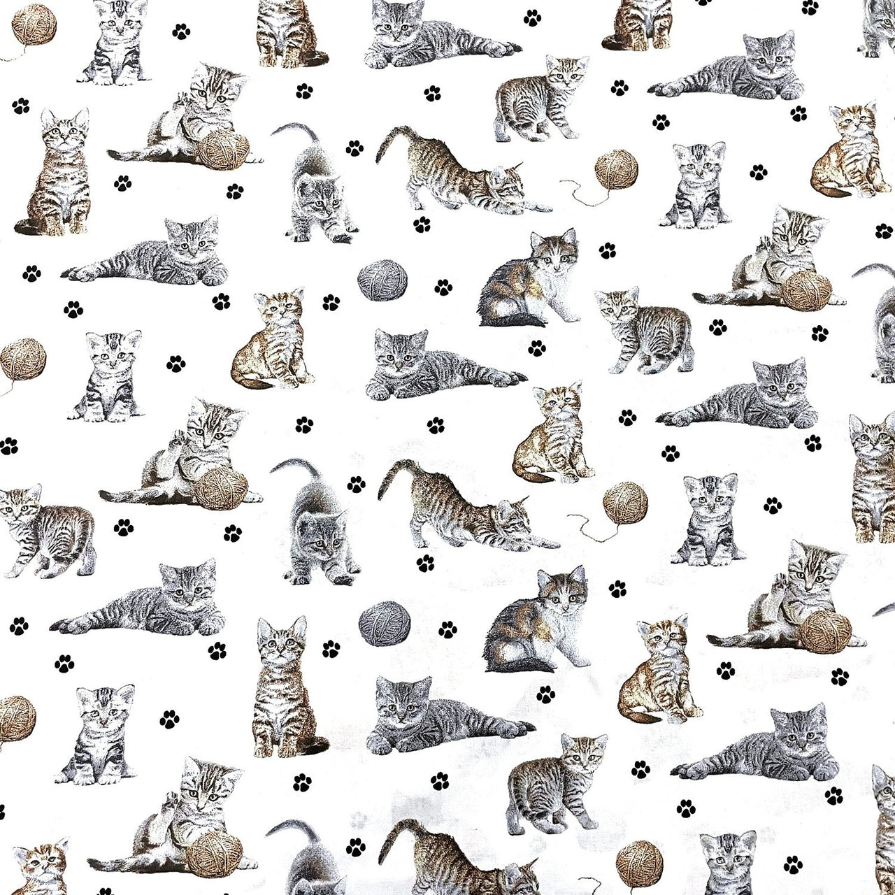 Cotton Fabric - Cats Paws and Yarn on White