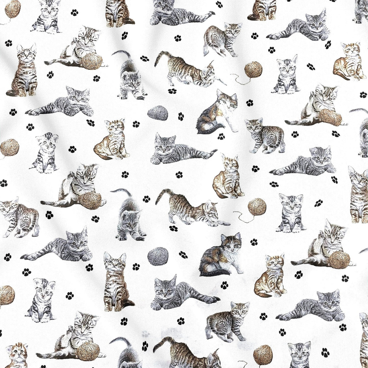 Cotton Fabric - Cats Paws and Yarn on White