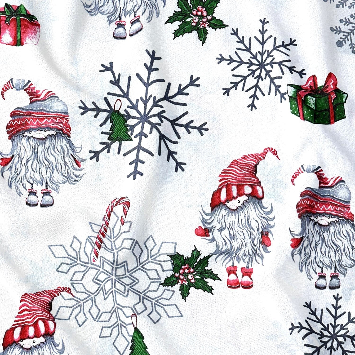 Cotton Fabric - Christmas Santa Clause and Snowflakes on White