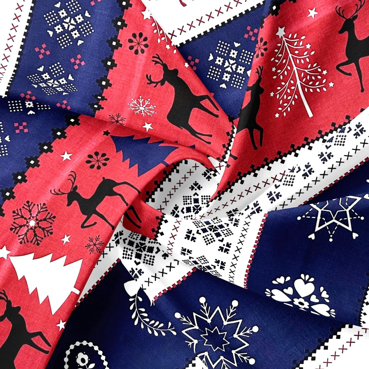 Cotton Fabric - Christmas Scandinavian Reindeer Red and Navy Blue