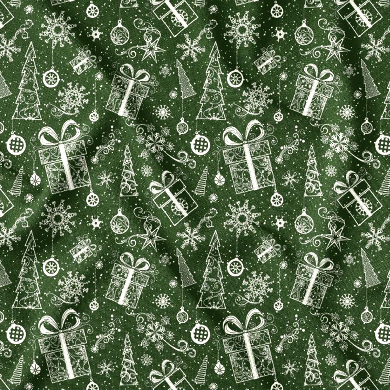 Cotton Fabric - Christmas tree, snowflakes, and presents in green
