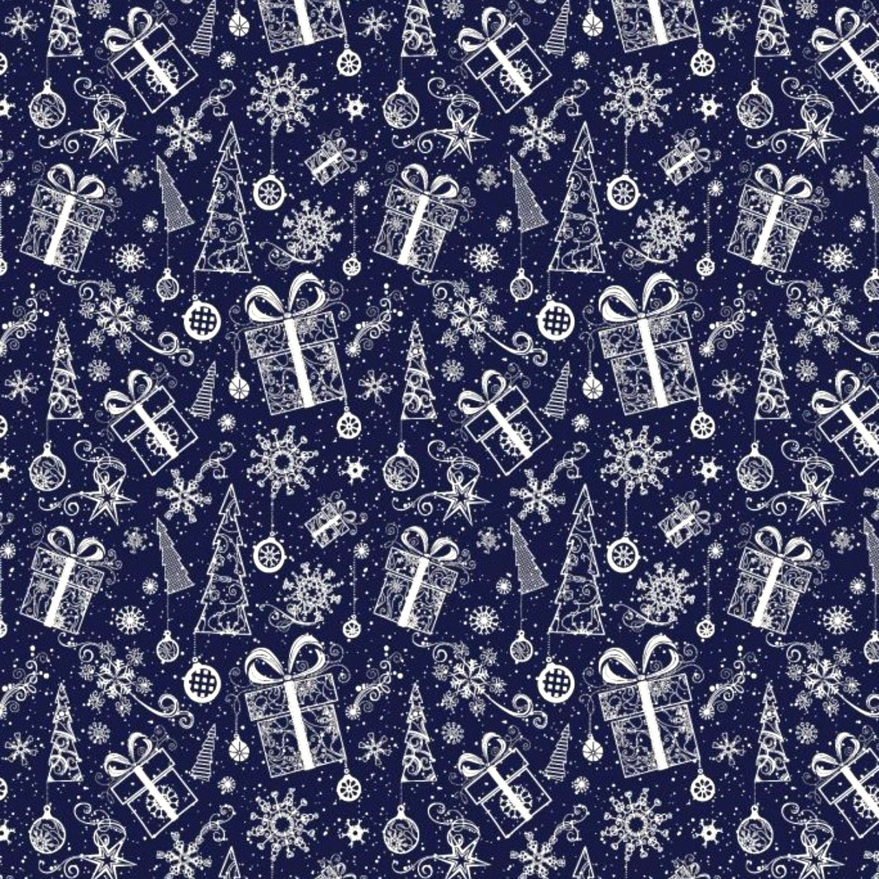 Cotton Fabric - Christmas trees, snowflakes, and presents in navy blue