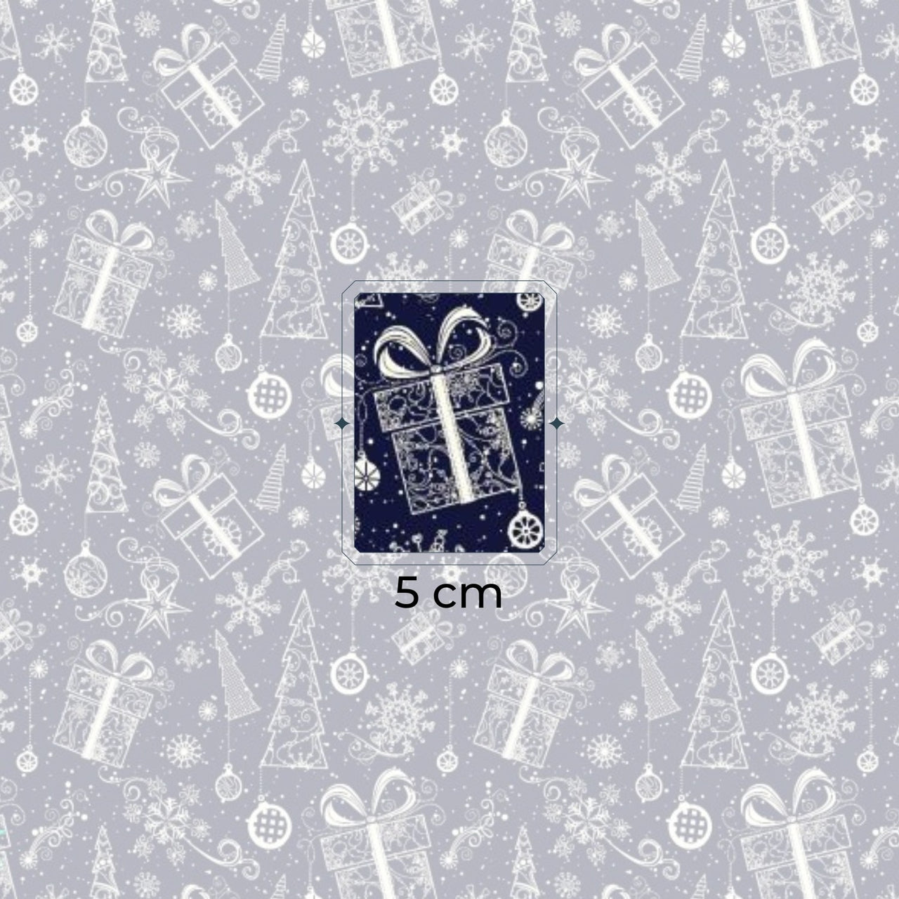 Cotton Fabric - Christmas trees, snowflakes, and presents in navy blue