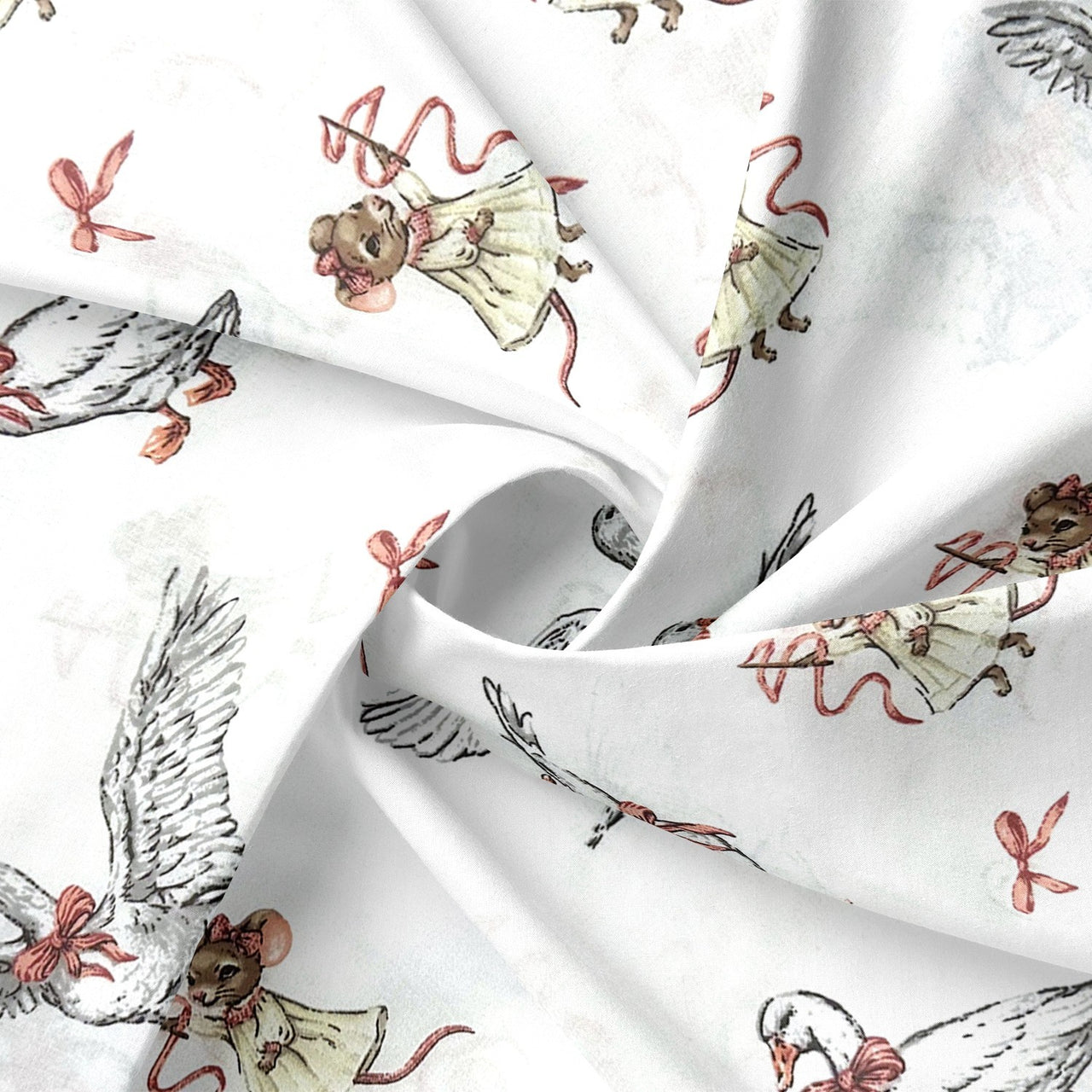 Cotton Fabric - Dancing white goslings