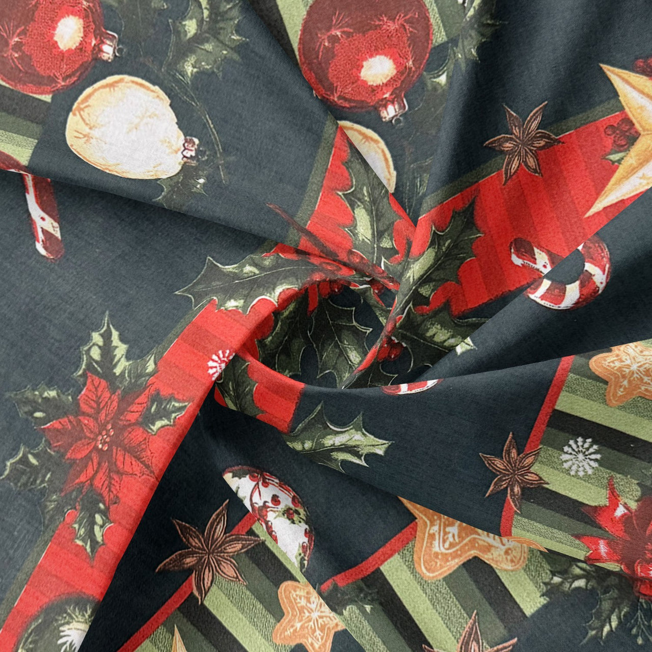 Cotton Fabric - Decorations on green background