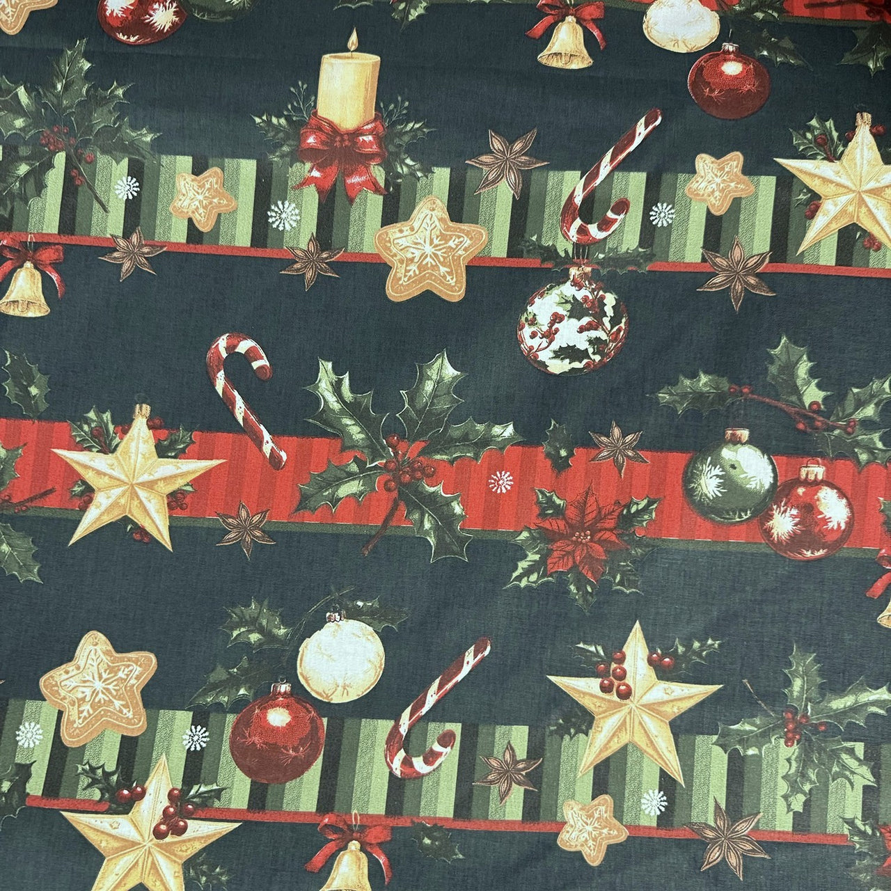 Cotton Fabric - Decorations on green background