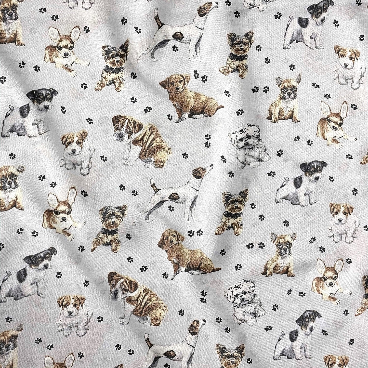Cotton Fabric - Dogs Paws on Light Gray Background