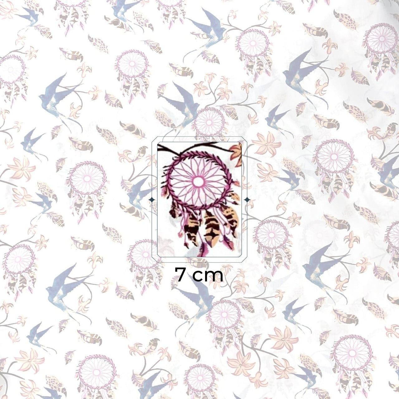 Cotton Fabric - Pink Dream Catchers and Swallows on White