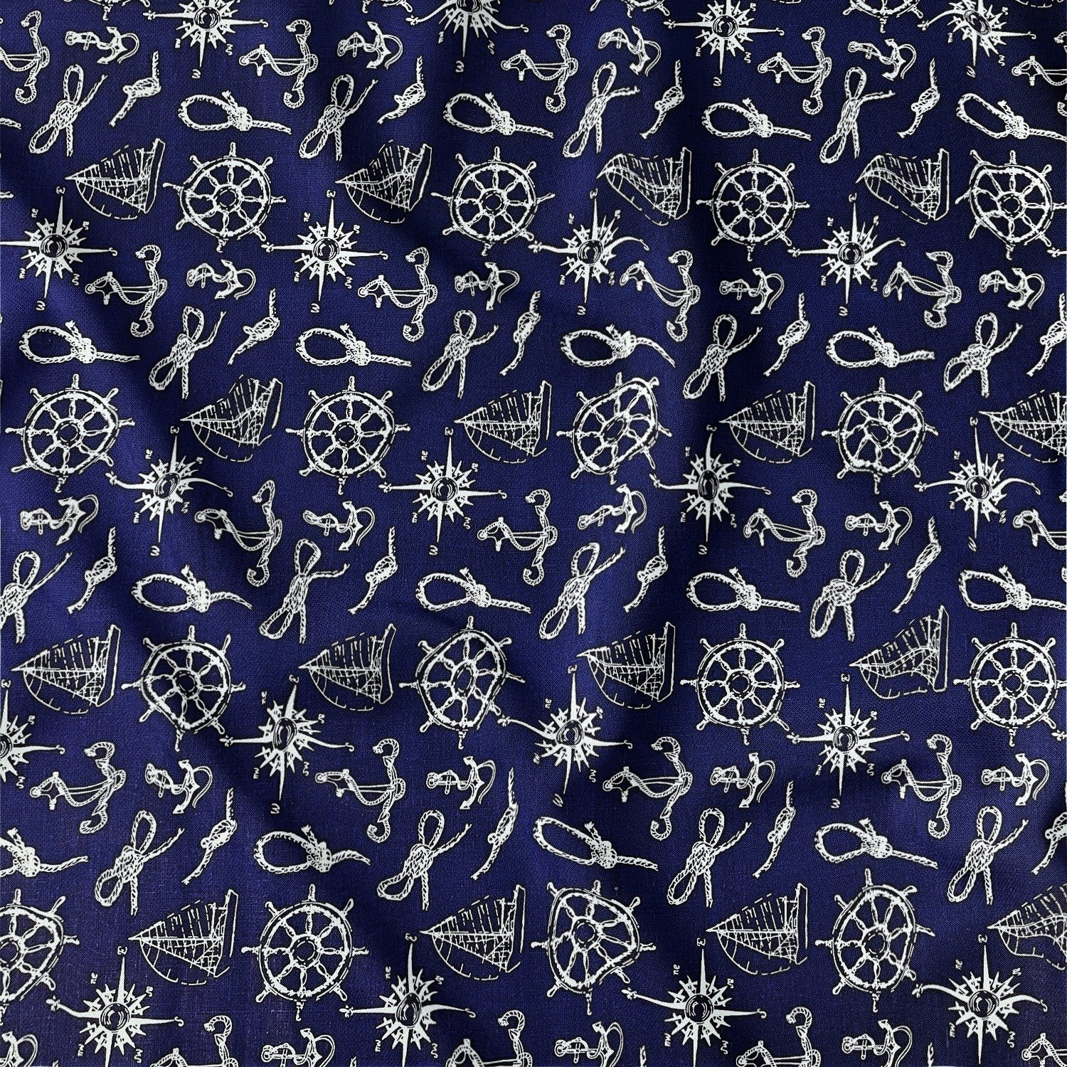 Cotton Fabric - Steering Wheels Compasses and Ropes Navy