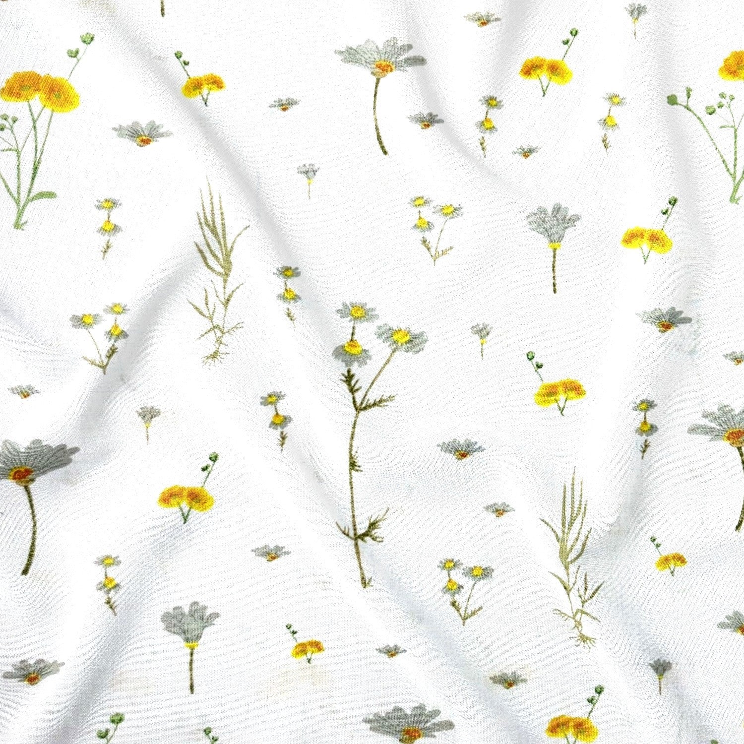 Cotton Fabric - Summer chamomile on White - PINaPIN